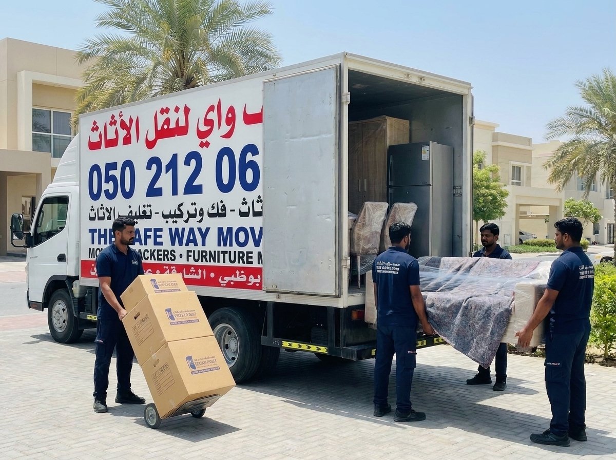 Labour crew loading boxes and furniture into a closed moving truck