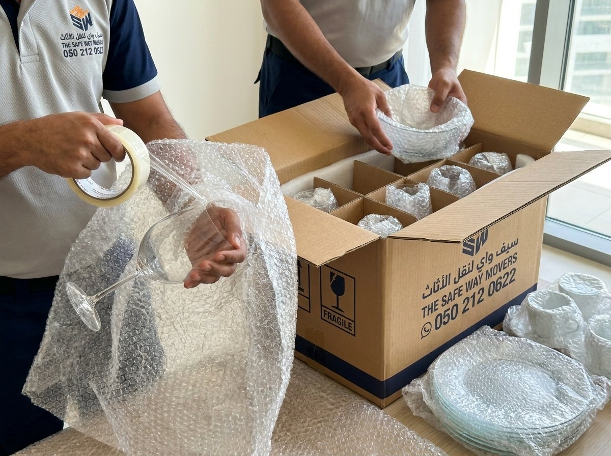 Fragile glassware being individually wrapped in bubble wrap by a packer