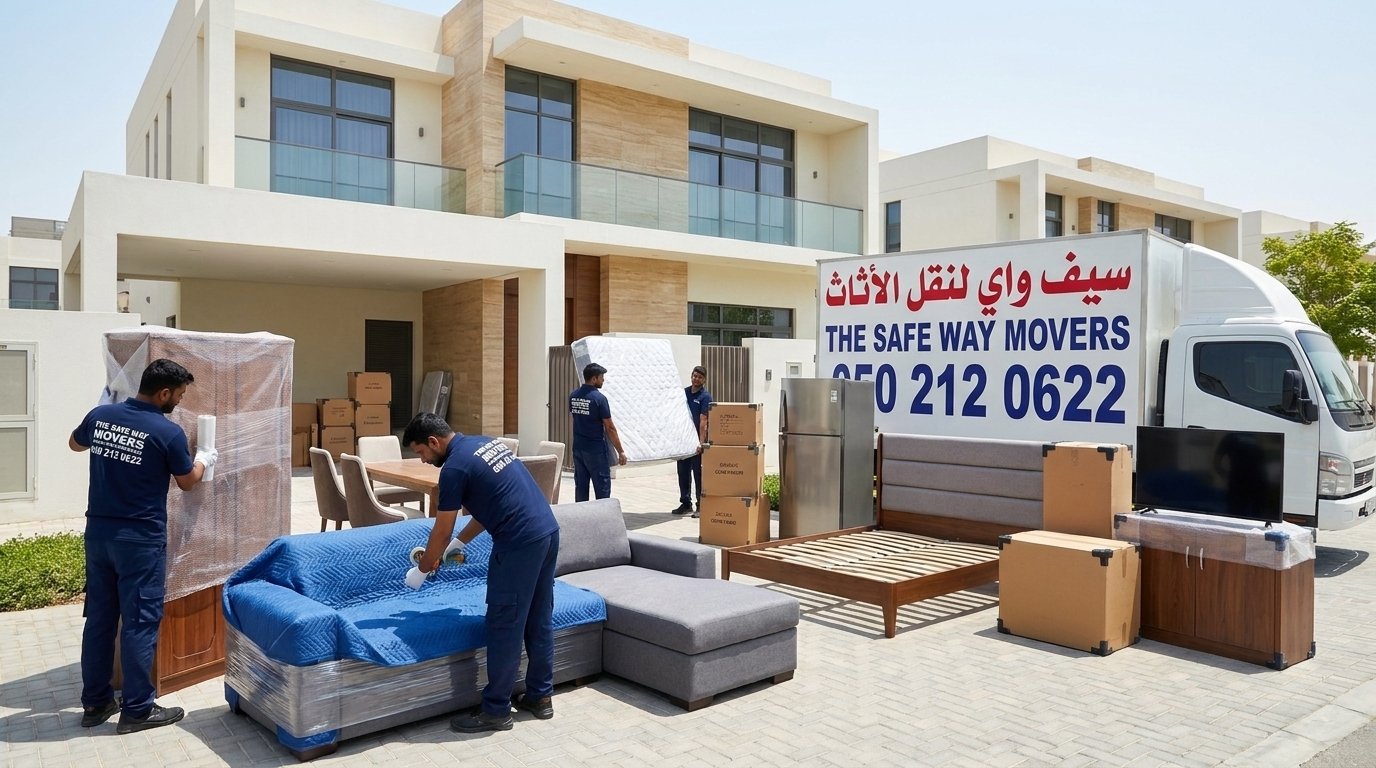 Moving crew loading wrapped furniture into a closed truck in Abu Dhabi
