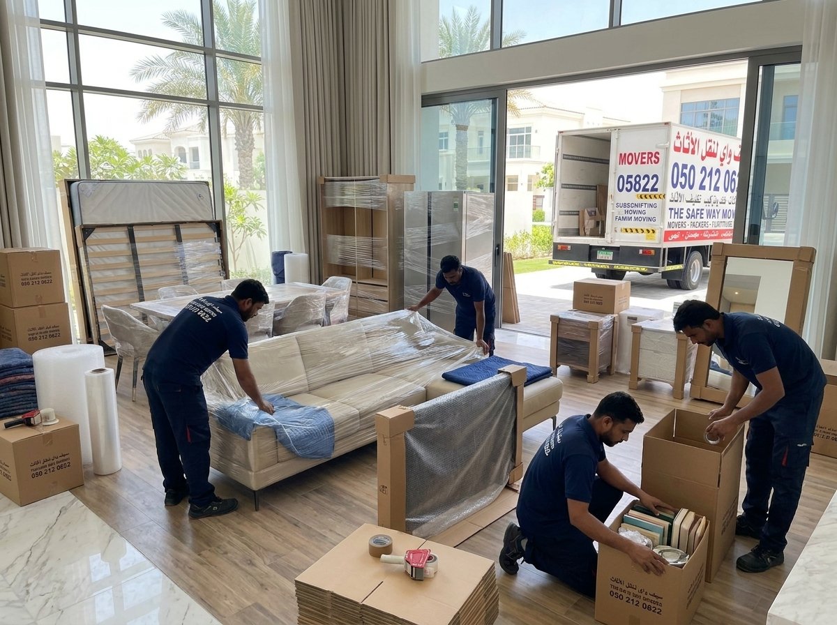 Professional packers wrapping fragile items in bubble wrap and cartons