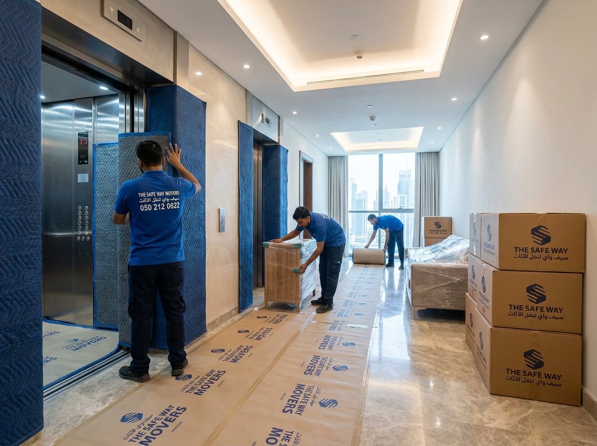 Hallway floor and lift walls covered with protective sheets during a move