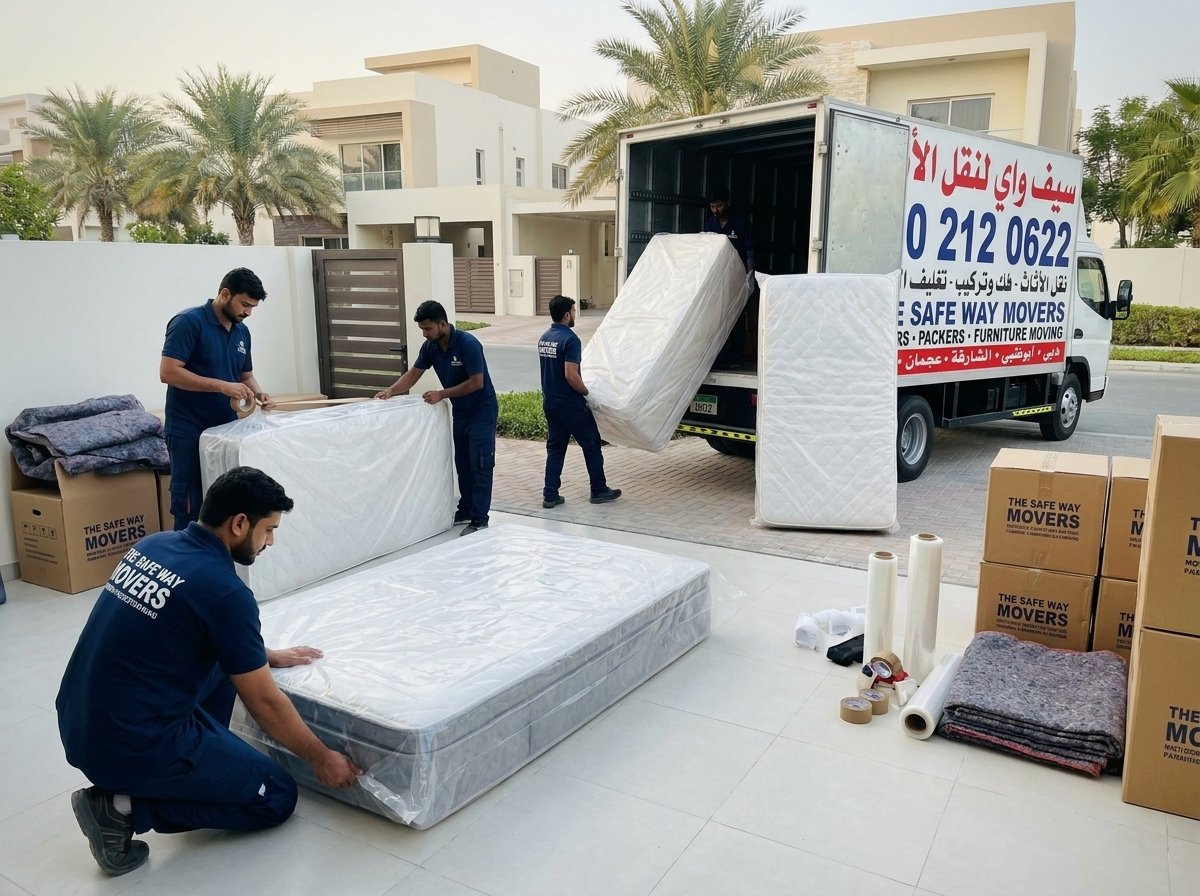 Mattresses sealed inside protective plastic covers before loading
