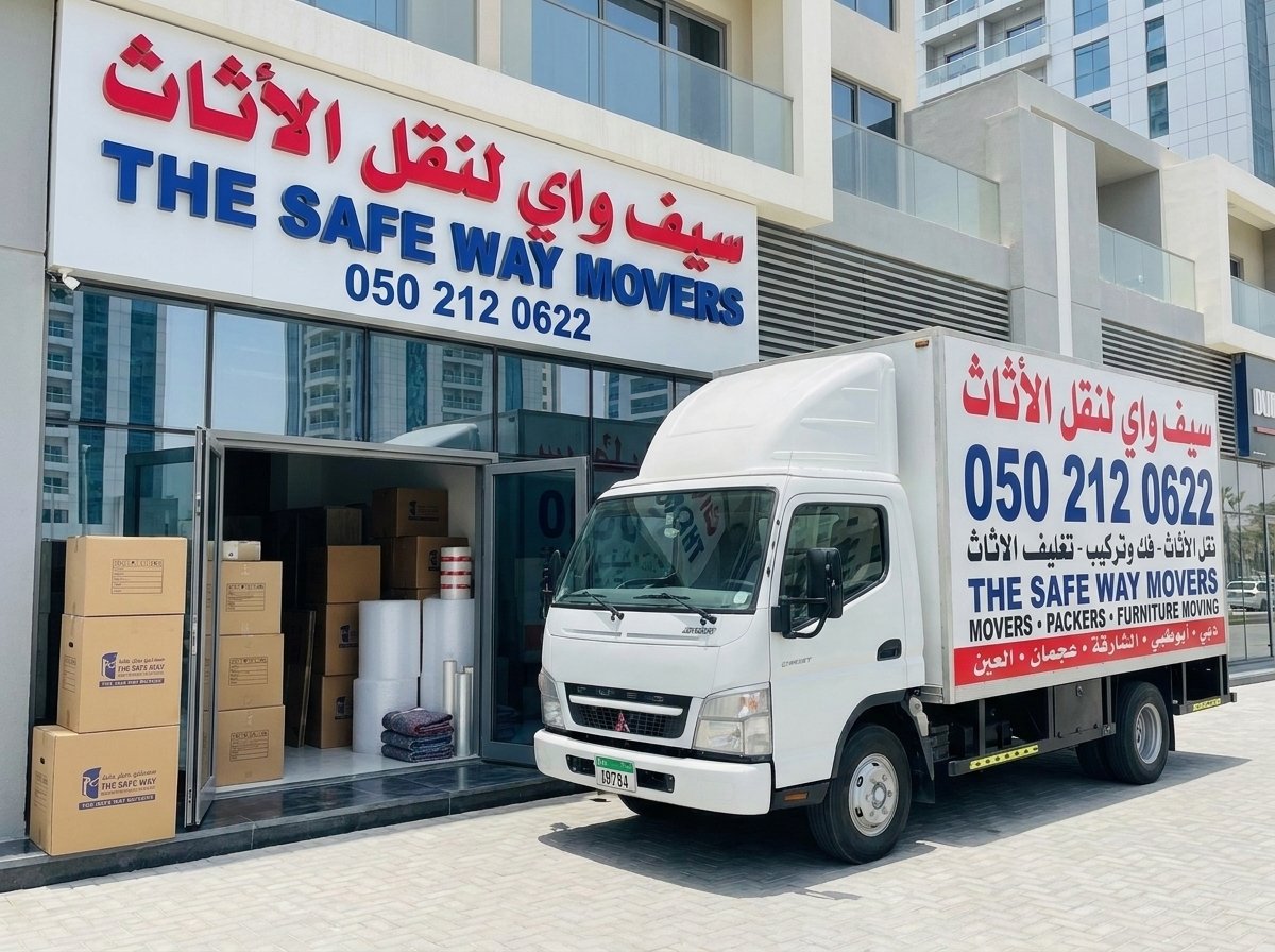 The Safe Way Movers crew loading wrapped furniture into a closed truck in Abu Dhabi
