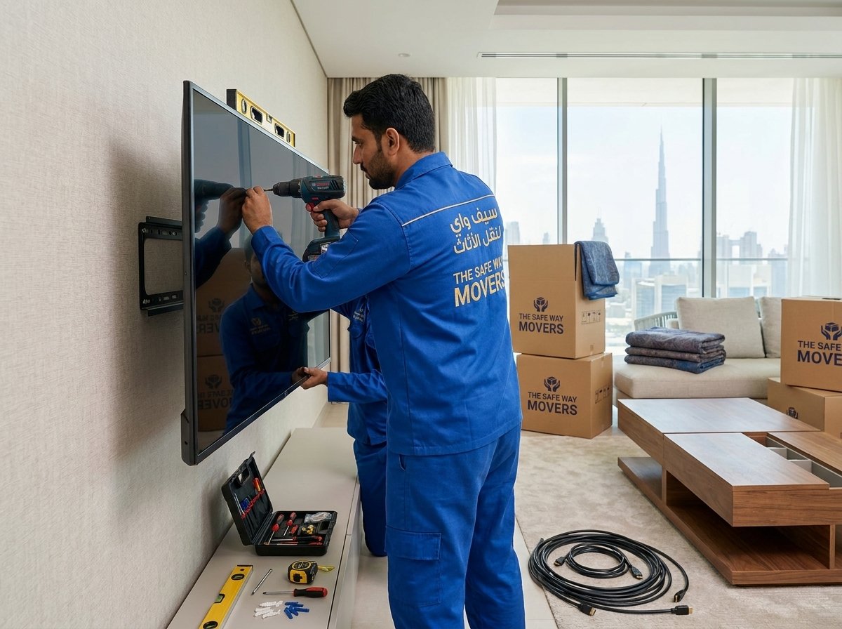 Technician mounting a television wall bracket after a house move