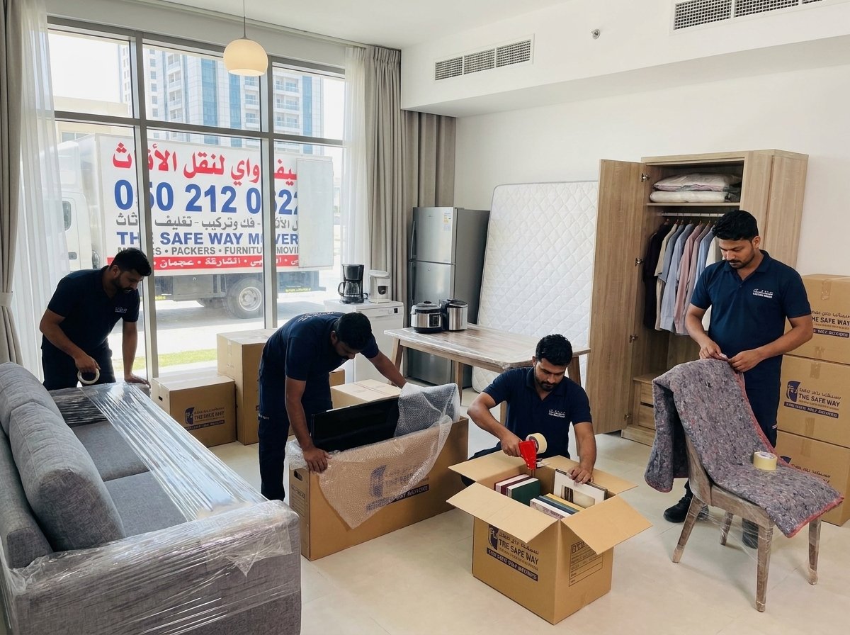 Movers using a service lift to relocate apartment furniture in Abu Dhabi