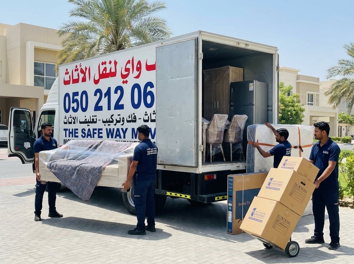 Movers carrying wrapped household furniture out of an Abu Dhabi home