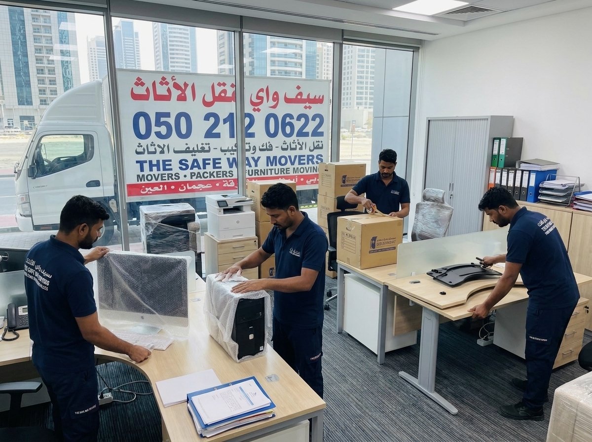 Office desks and equipment prepared for relocation in Abu Dhabi