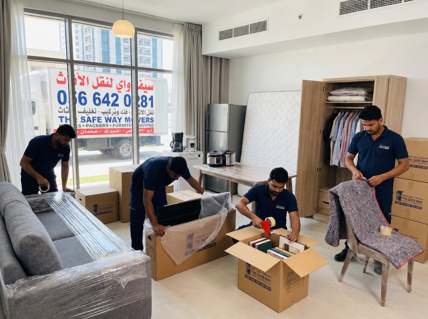 Movers shifting apartment furniture through a building in Abu Dhabi