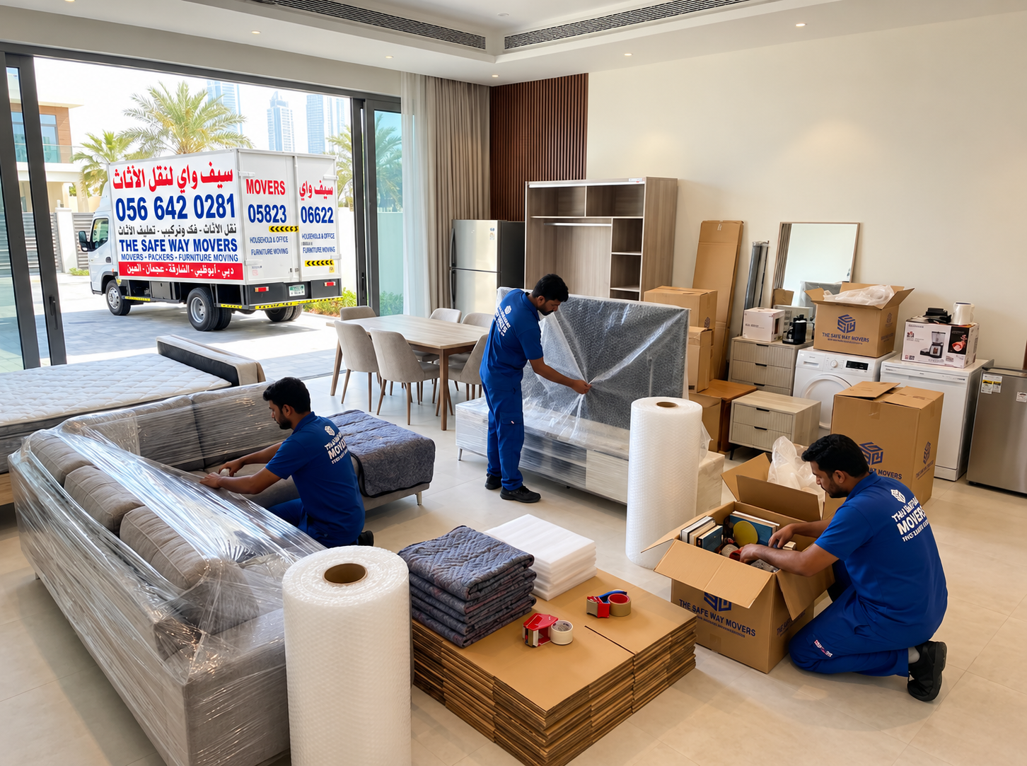 Professional packers wrapping fragile items in bubble wrap and cartons