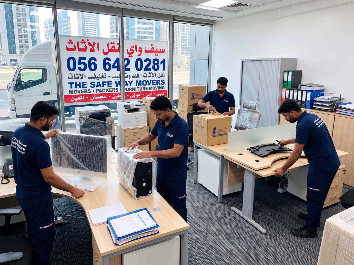 Office desks and equipment being packed for an office relocation in Abu Dhabi