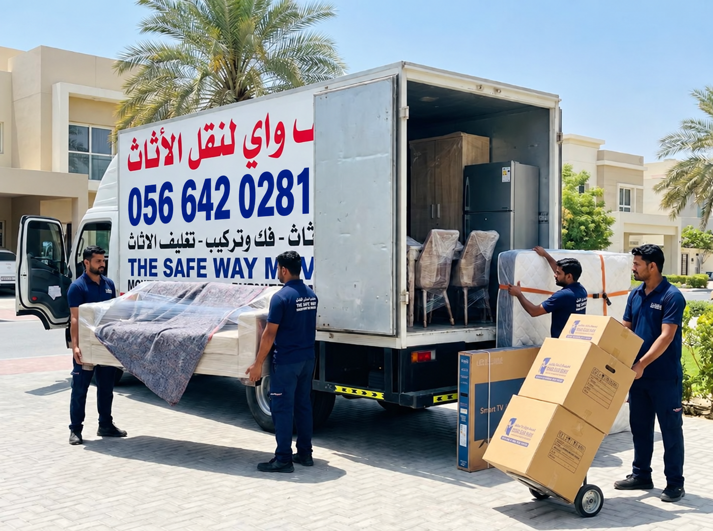 Movers packing and carrying household furniture during a house relocation in Abu Dhabi